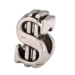 5 x Dollar Sign Wealth and Abundance Charms Beads Antique Silver Tone European Charm Beads  #MEC-12